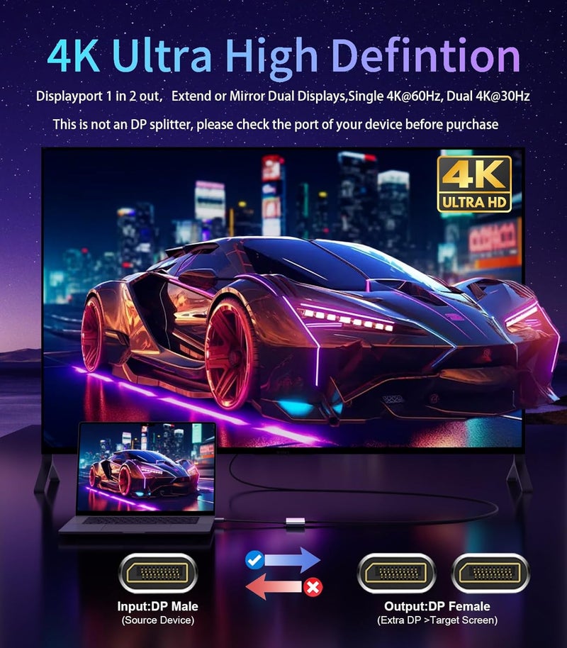 REBORN DisplayPort to Dual DisplayPort Splitter 4K@60Hz Display Port Splitter 1 in 2 Out for Dual Monitor Extended Display DP Source to 2 DP Adapter with PC, Graphics Card, Lenovo, HP and More - Image 2
